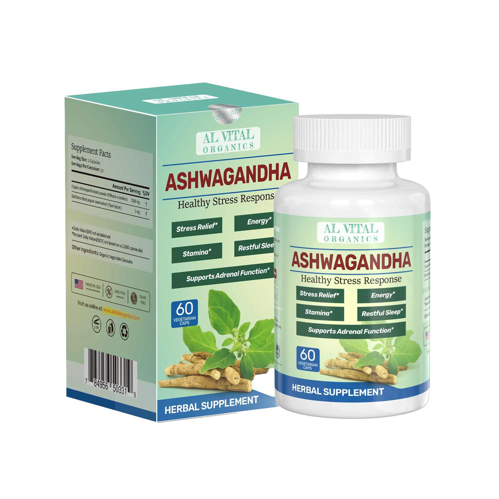 Al Vital Organics Ashwagandha Capsules bottle and box
