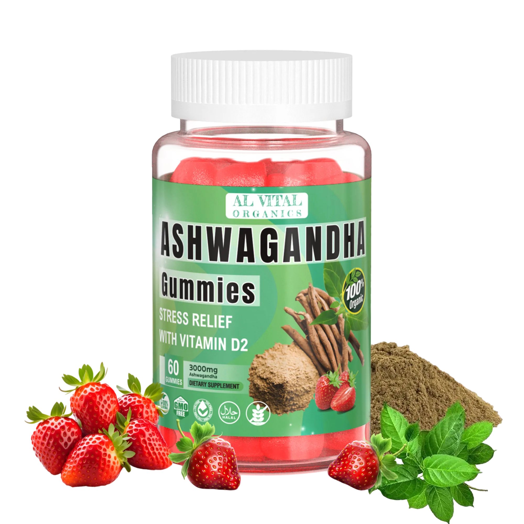 Bottle of Al Vital Organics Ashwagandha Gummies with strawberry gummies