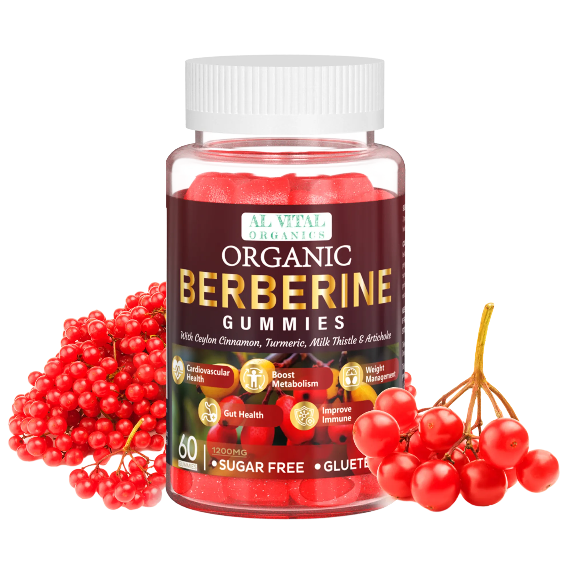 Bottle of Al Vital Organics Organic Berberine Gummies with red gummies