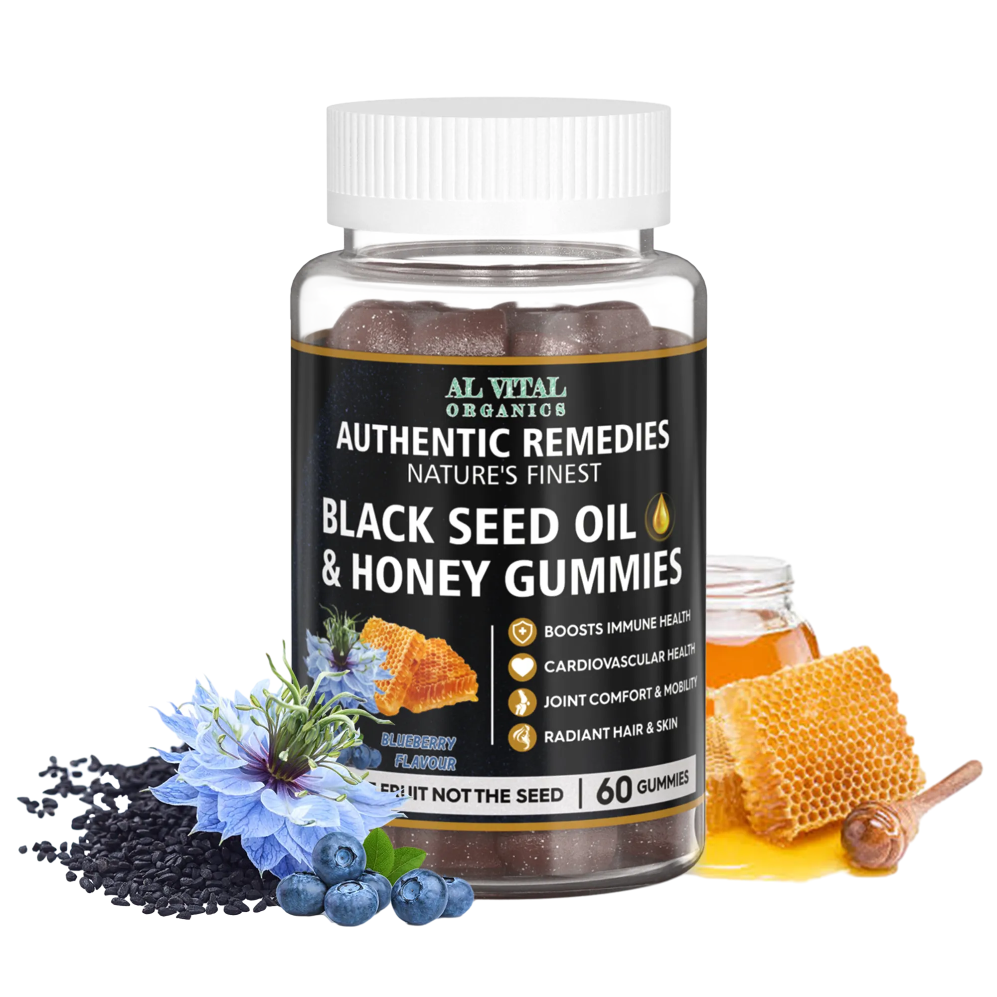 Bottle of Al Vital Organics Black Seed Oil and Honey Gummies with dark gummies