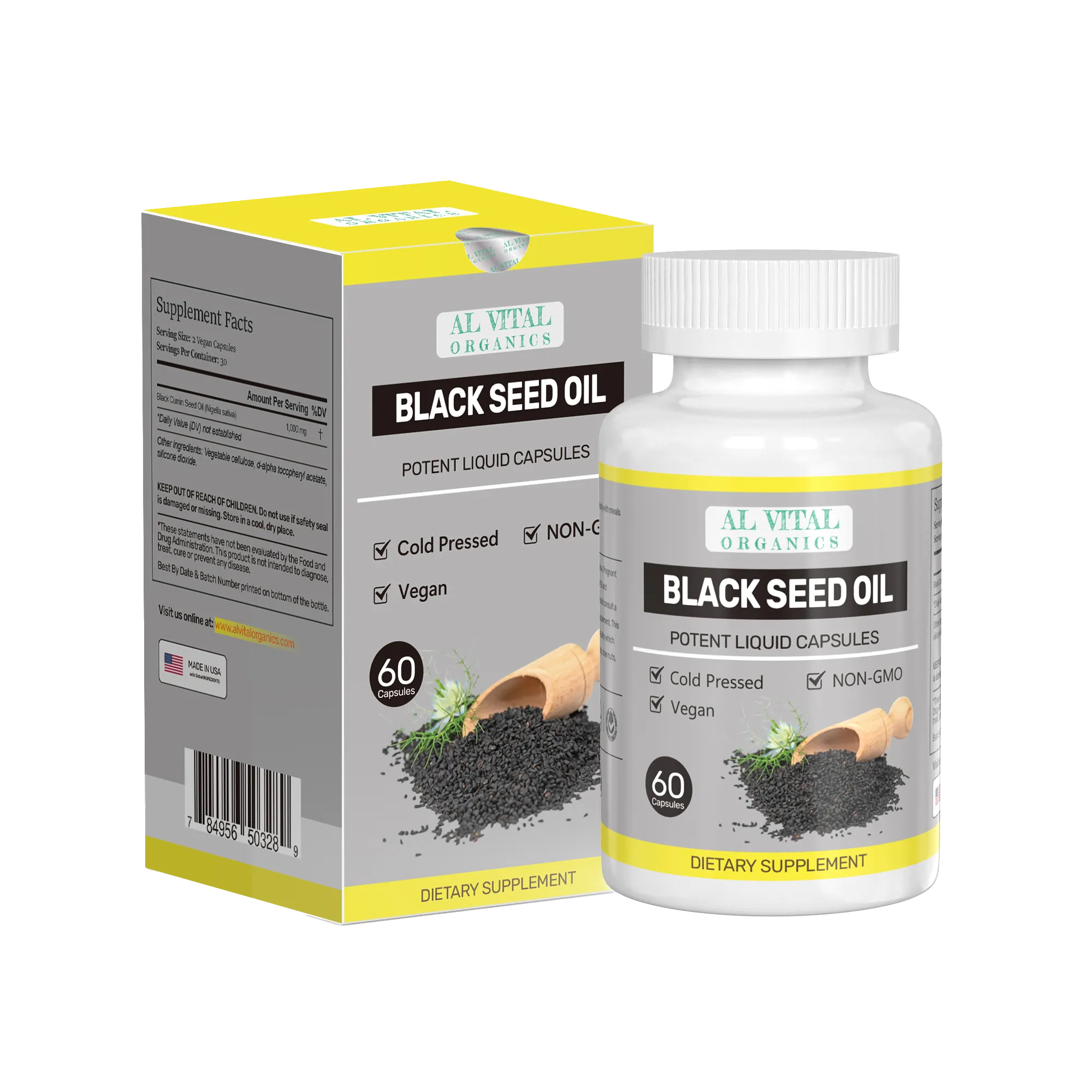 Al Vital Organics Black Seed Oil Liquid Capsules bottle and box