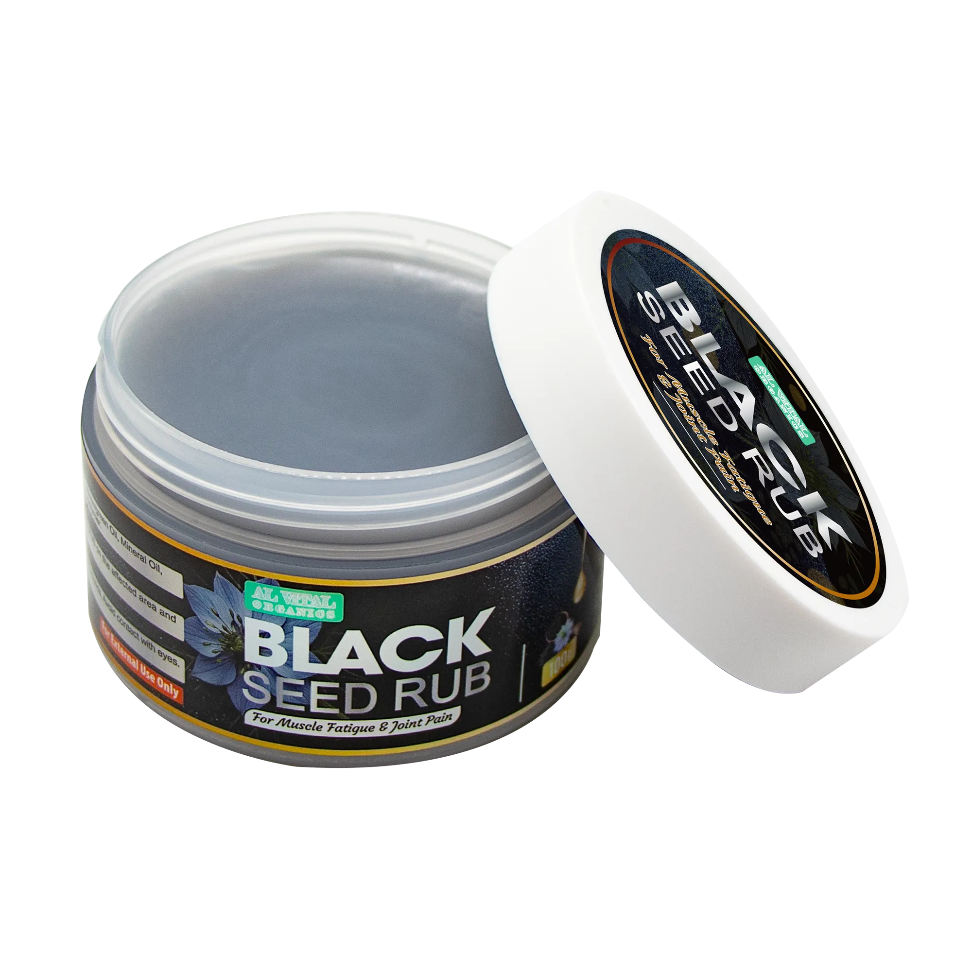Open jar of Al Vital Organics Black Seed Rub with lid