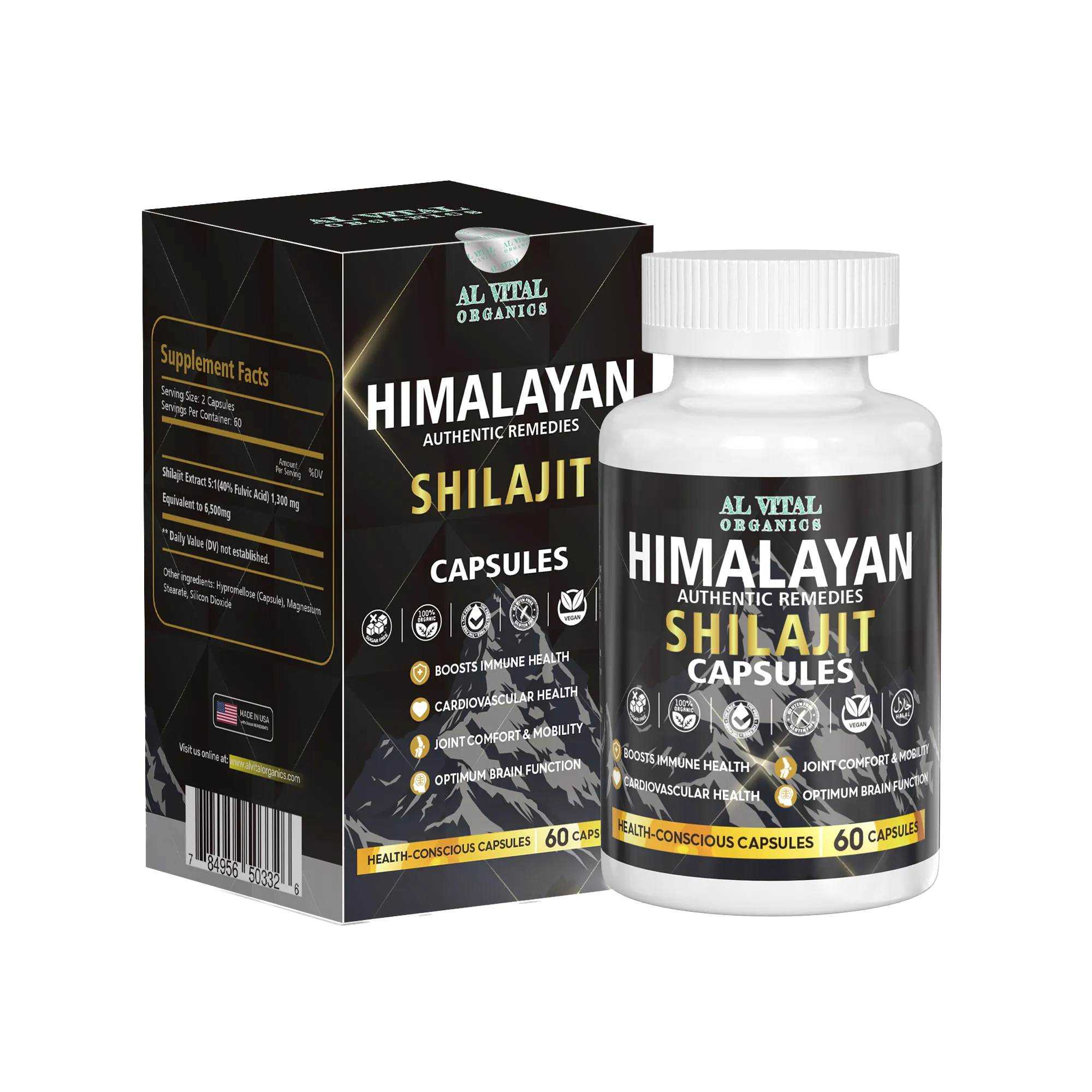 Al Vital Organics Himalayan Shilajit Capsules bottle and box