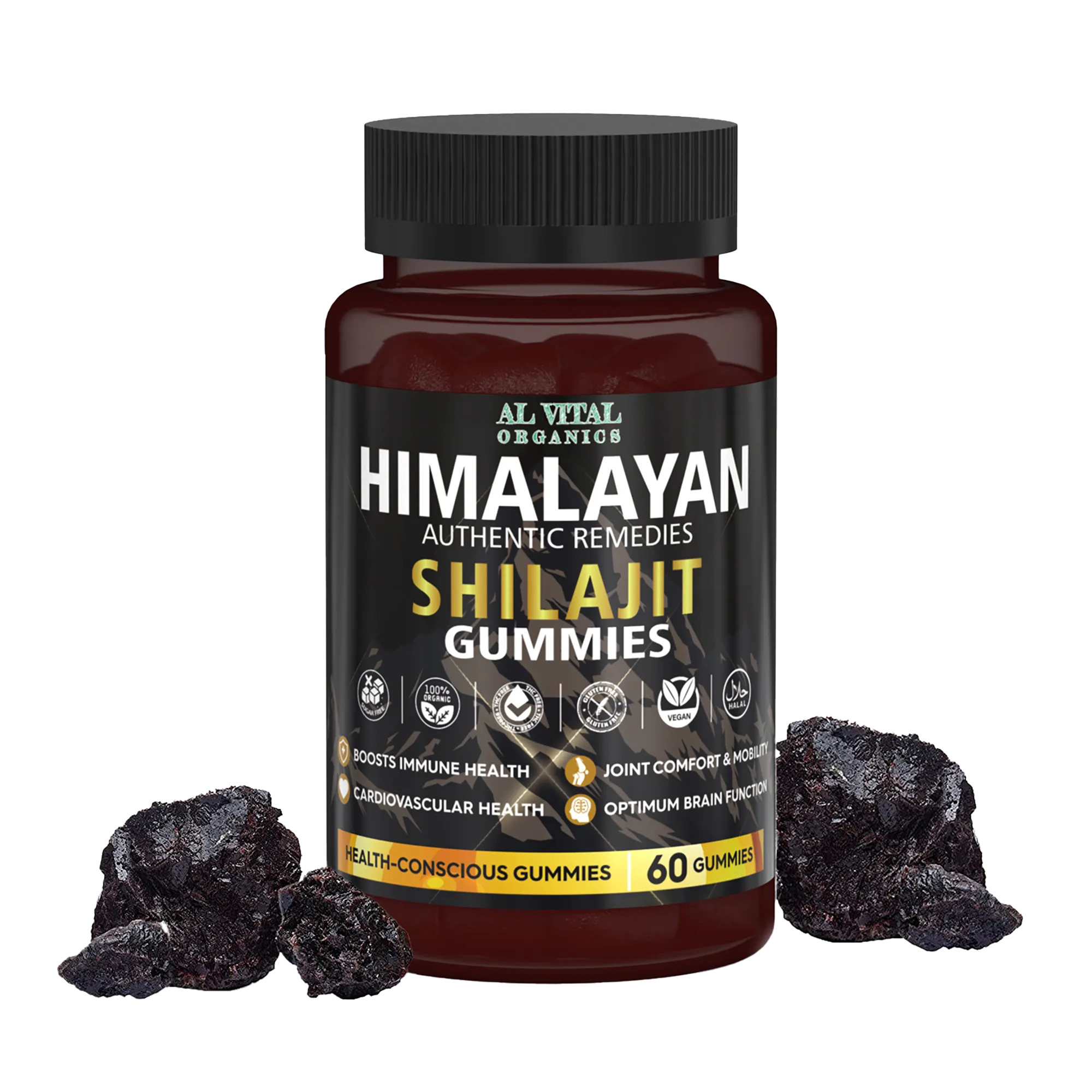 Bottle of Al Vital Organics Himalayan Shilajit Gummies with dark gummies