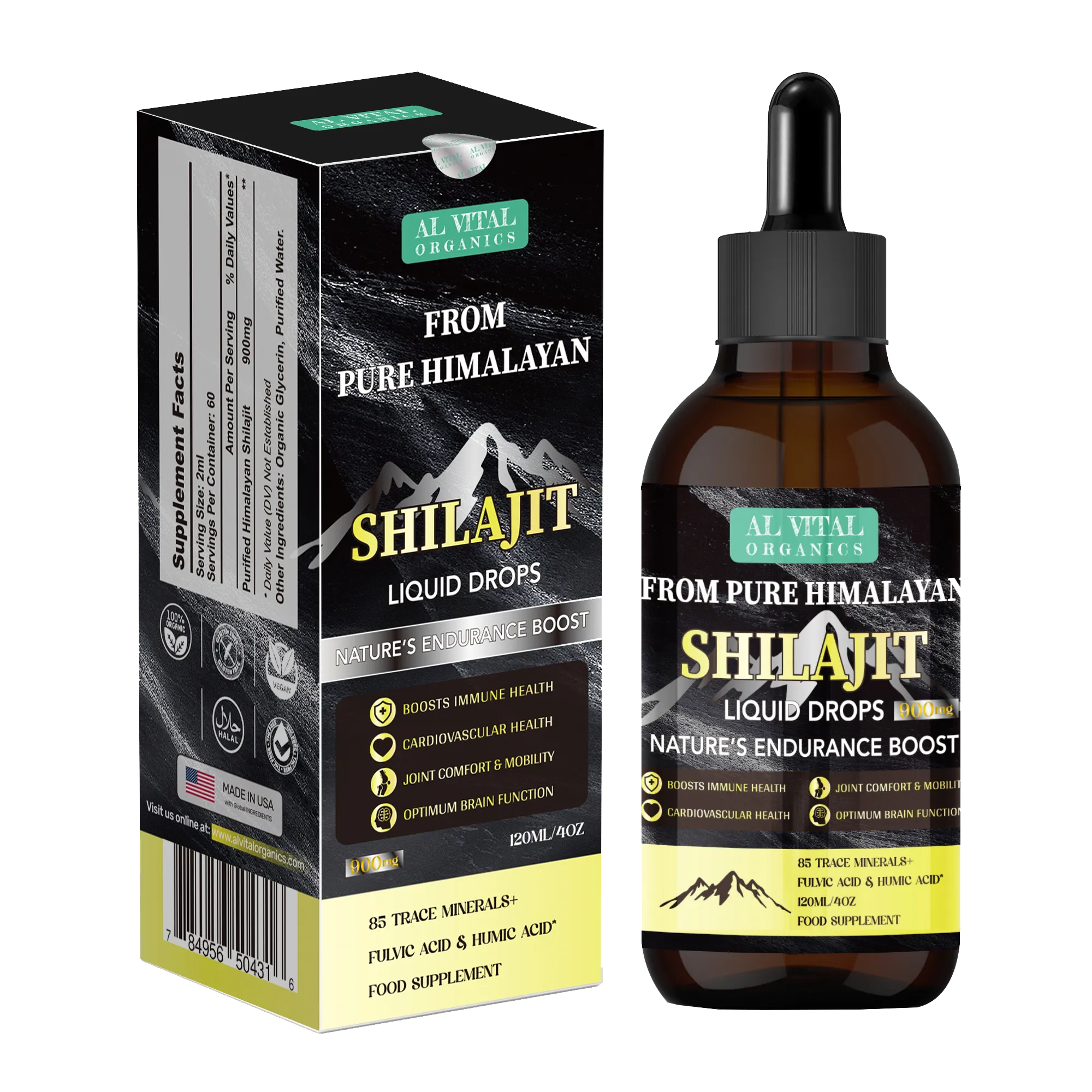 Bottle and box of Al Vital Organics Himalayan Shilajit Liquid Drops