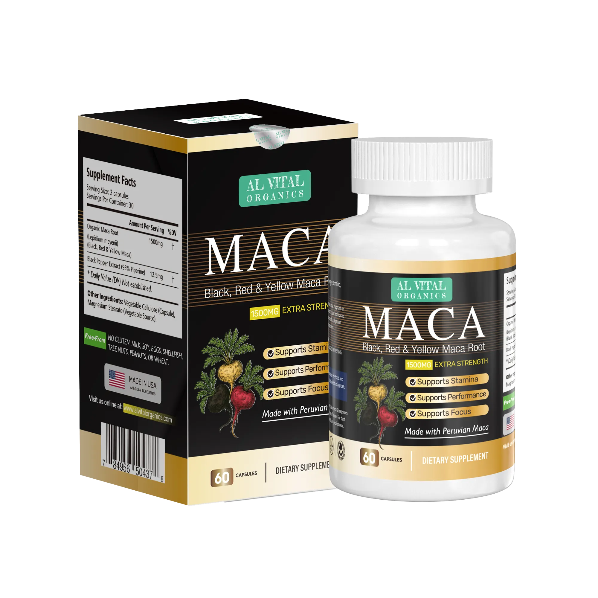 Al Vital Organics Maca Root Capsules bottle and box