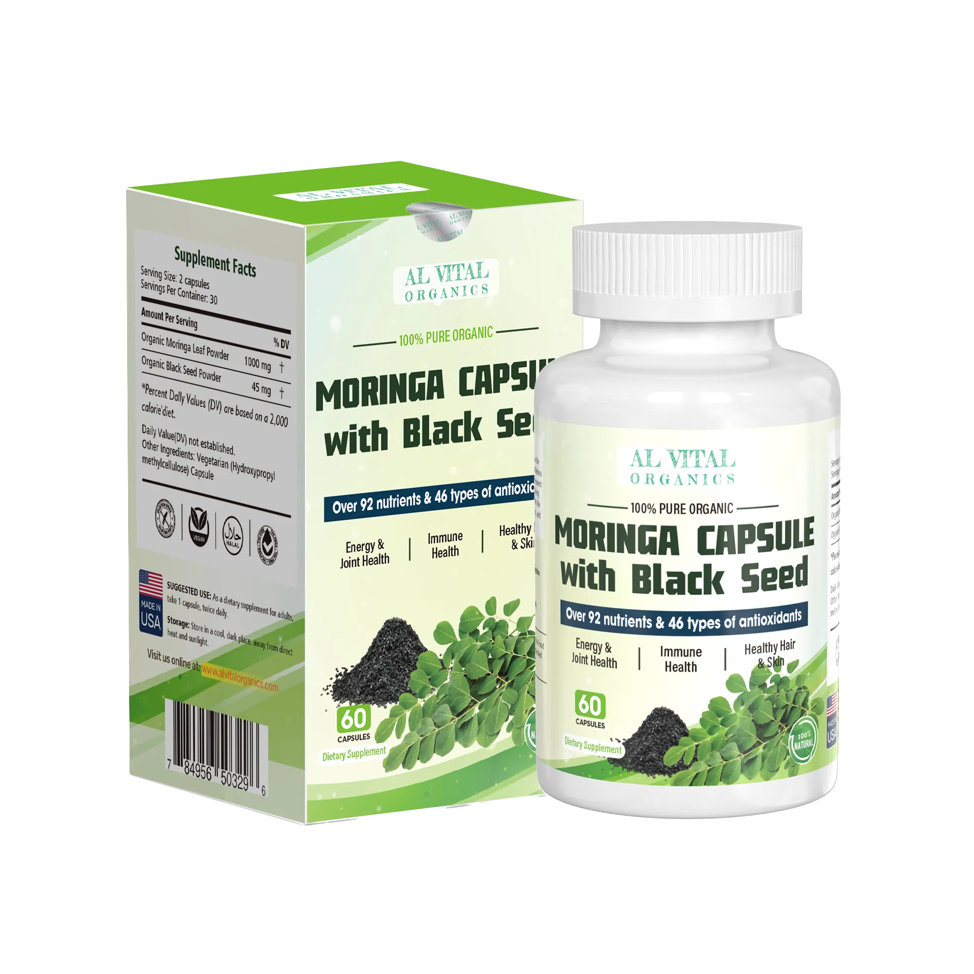 Al Vital Organics Moringa and Black Seed Capsules bottle and box