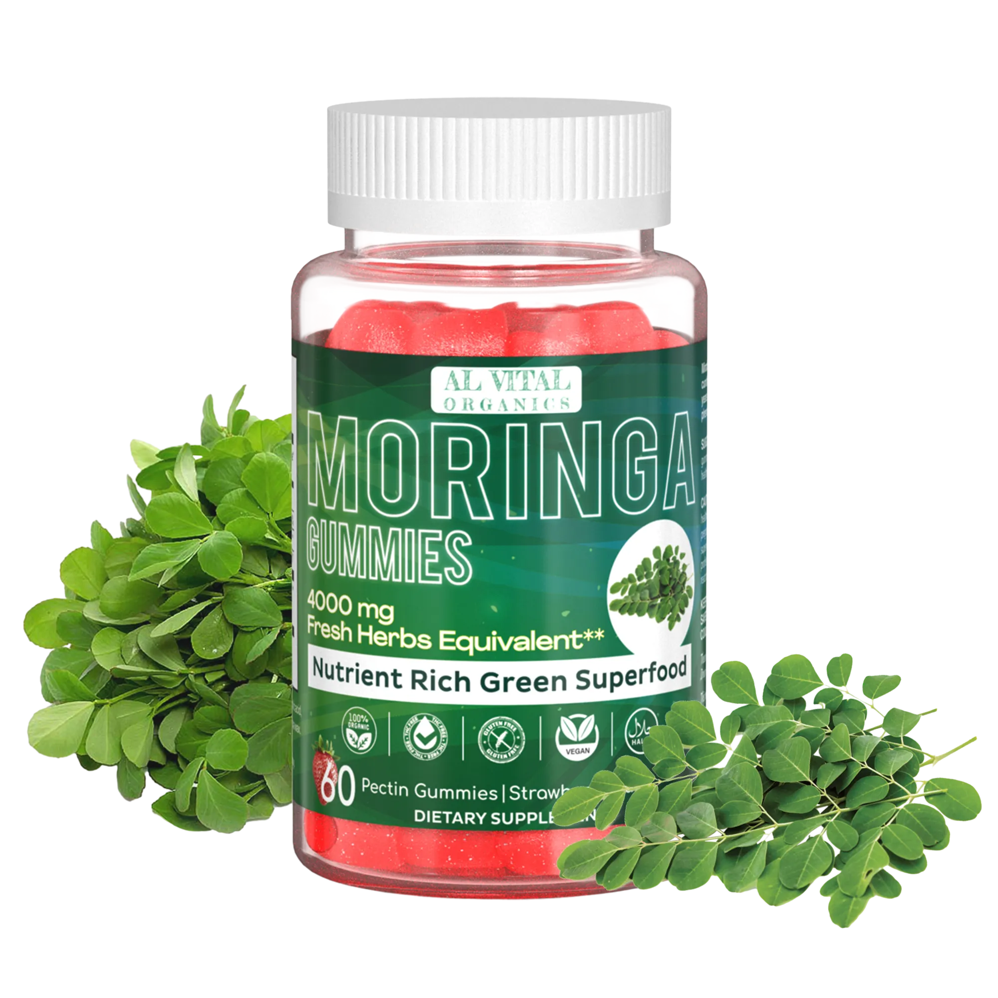 Bottle of Al Vital Organics Moringa Gummies with red gummies