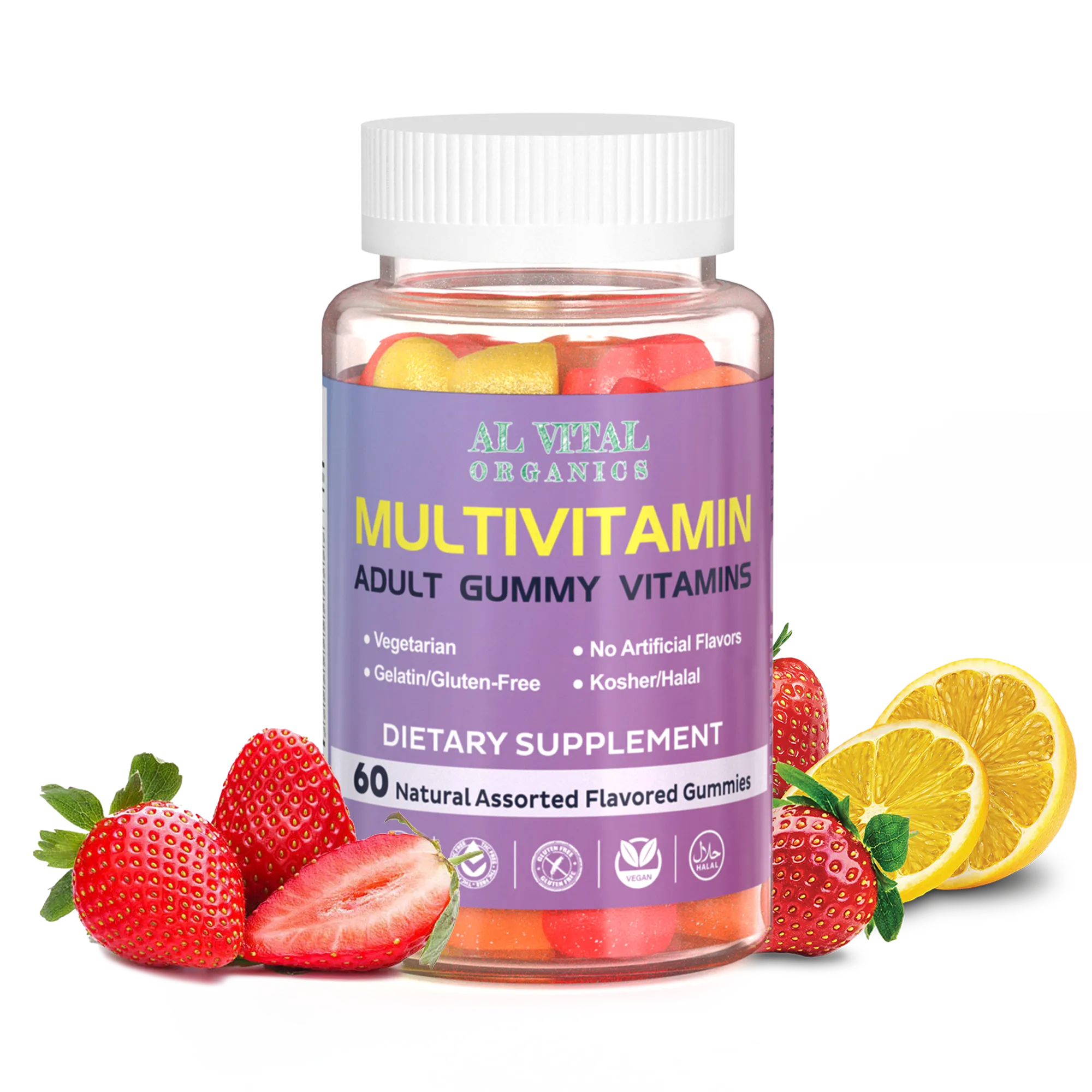 Bottle of Al Vital Organics Multivitamin Gummies with assorted fruit gummies