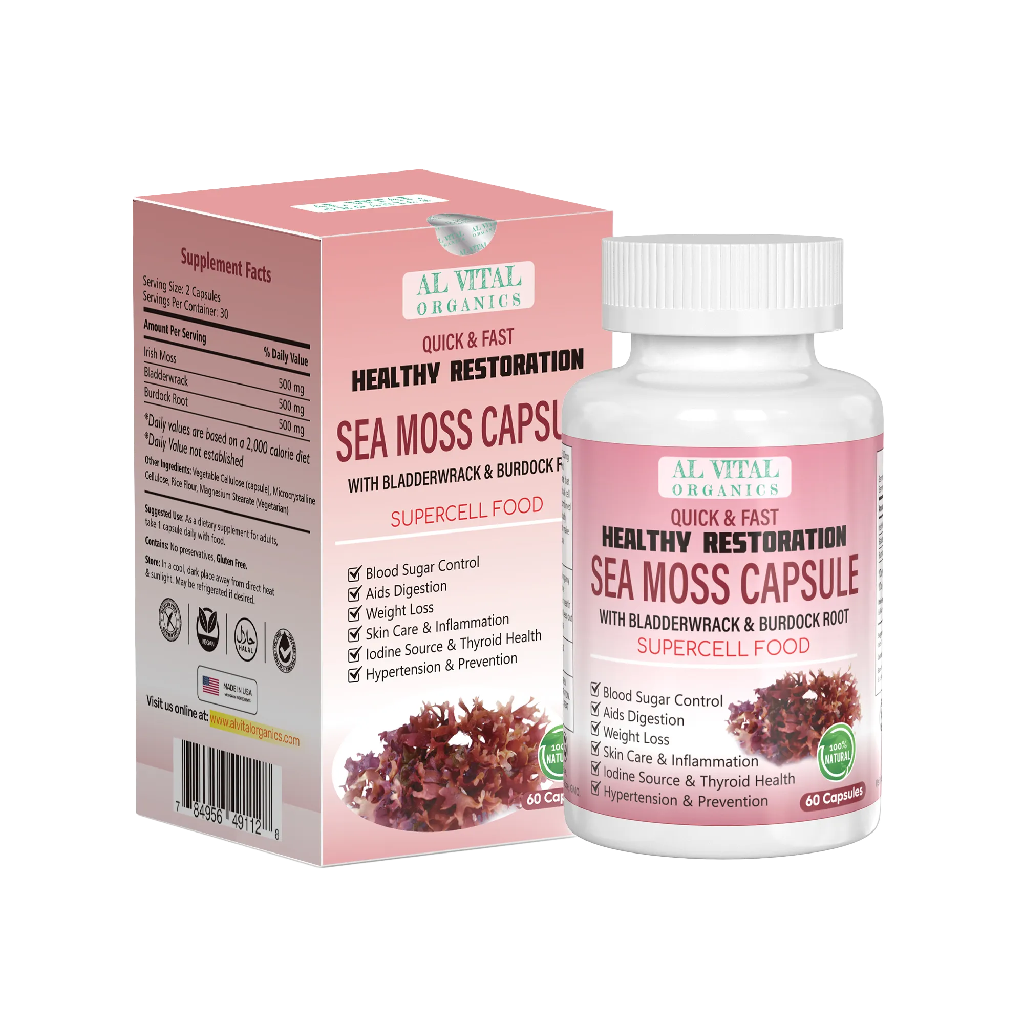 Al Vital Organics Sea Moss Capsules bottle and box