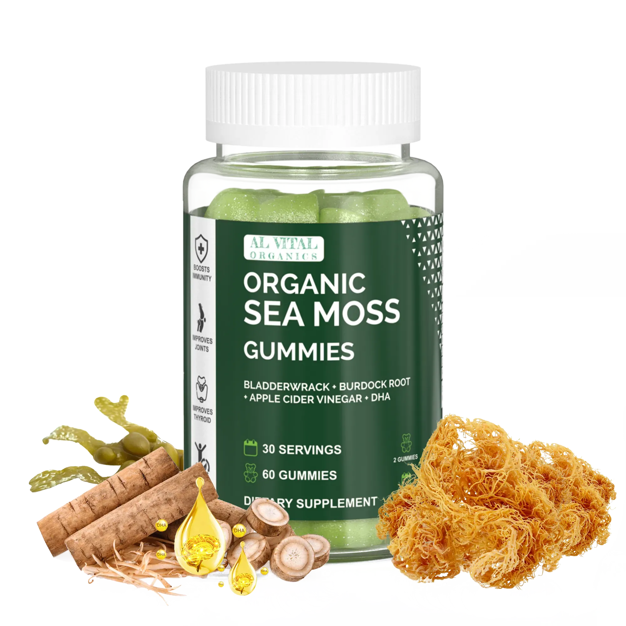 Bottle of Al Vital Organics Organic Sea Moss Gummies with green gummies