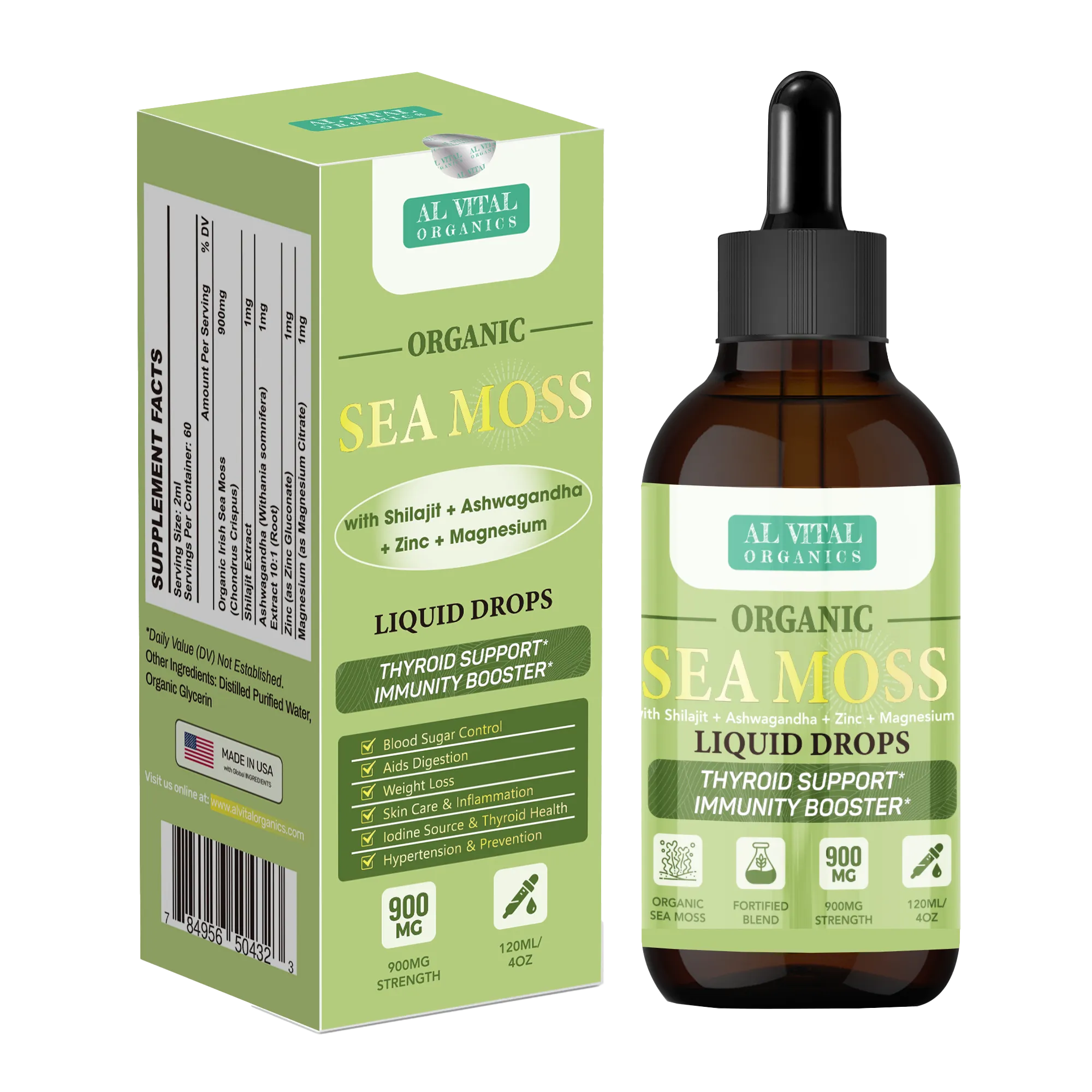 Al Vital Organics Organic Sea Moss Liquid Drops bottle and box