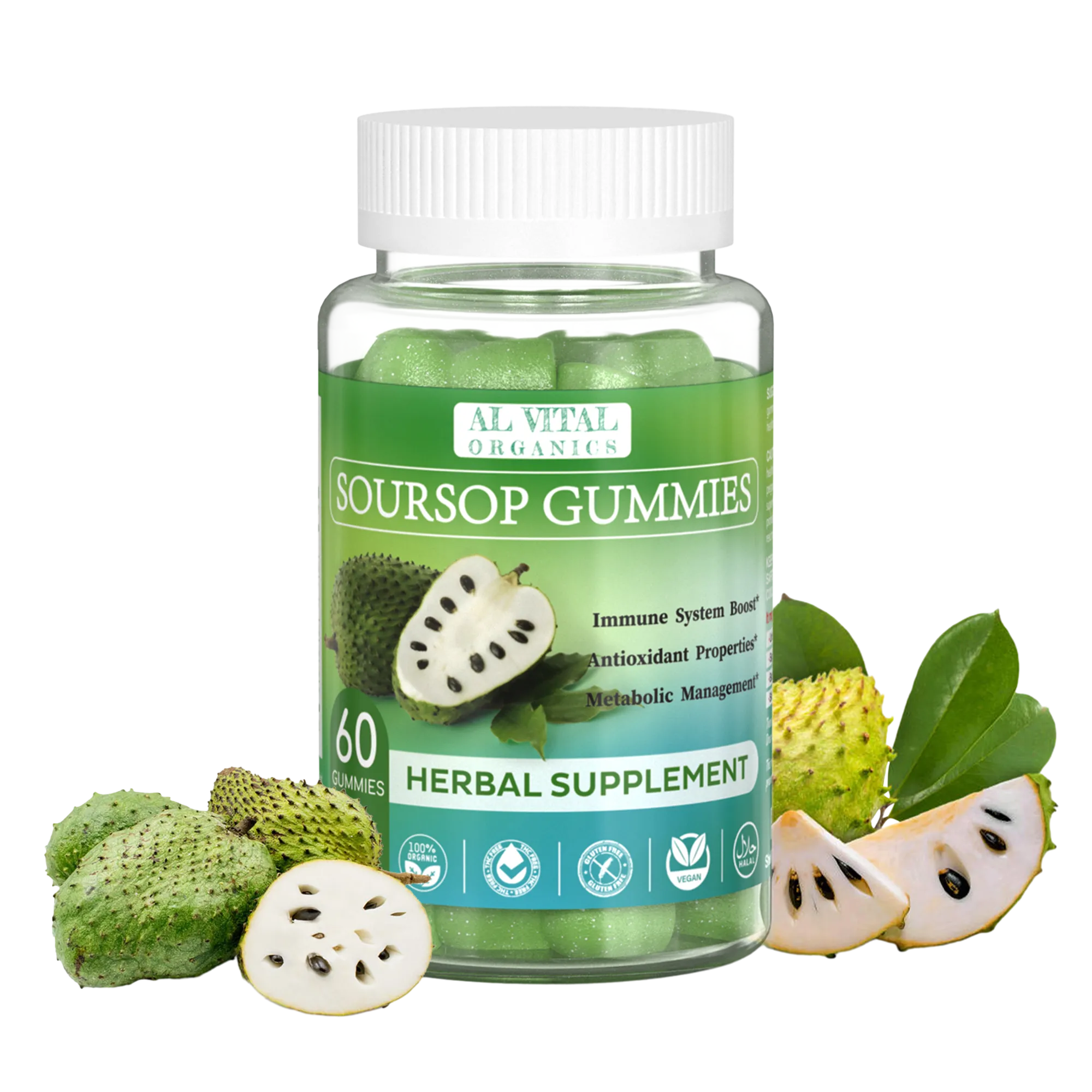 Bottle of Al Vital Organics Soursop Gummies with green gummies