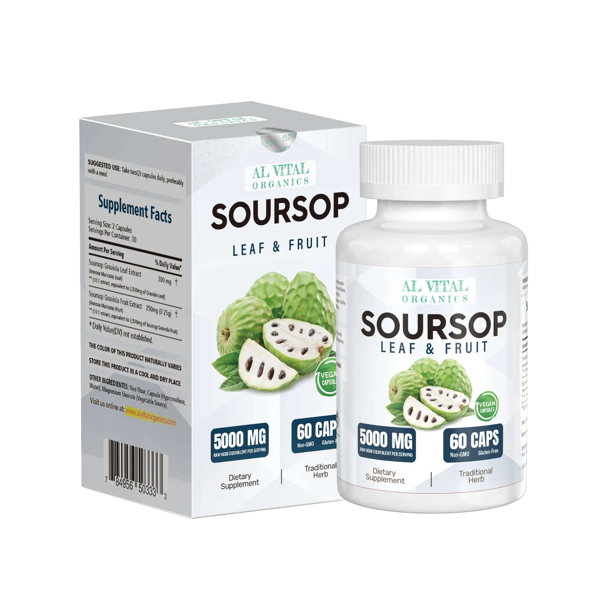 Al Vital Organics Soursop Leaf and Fruit Capsules bottle and box