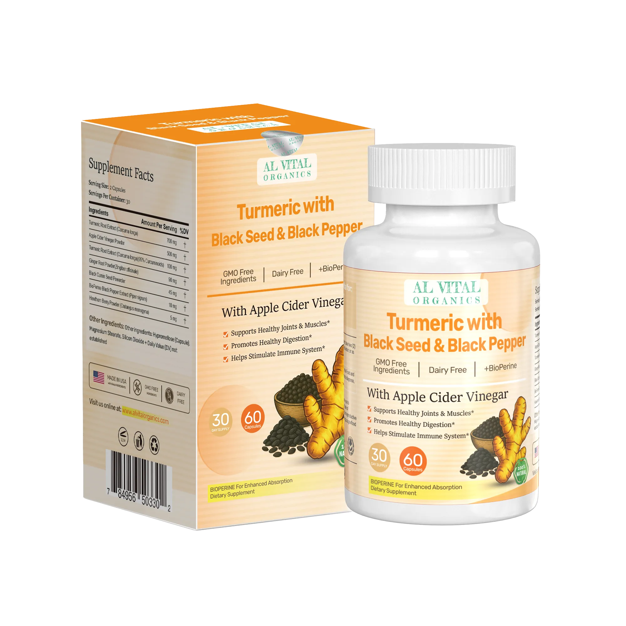 Al Vital Organics Turmeric and Apple Cider Vinegar Capsules bottle and box
