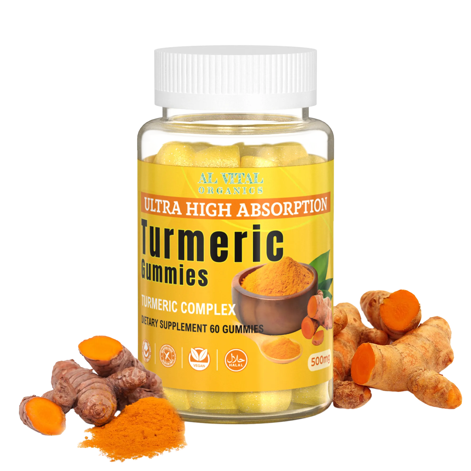 Bottle of Al Vital Organics Turmeric Gummies with yellow gummies