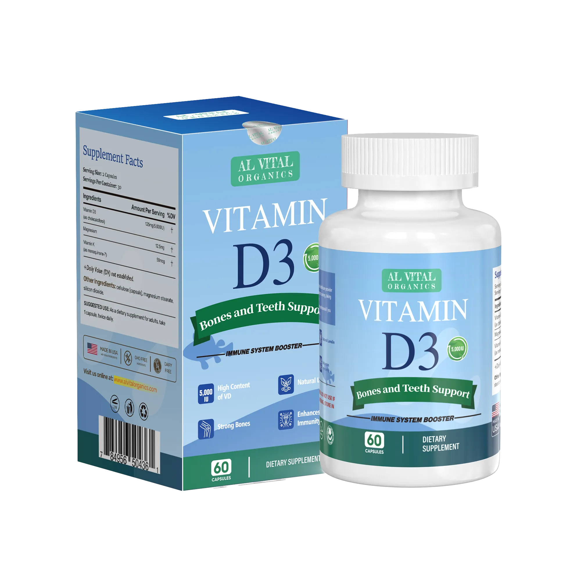 Al Vital Organics Vitamin D3 with Vitamin K2 and Magnesium Capsules bottle and box