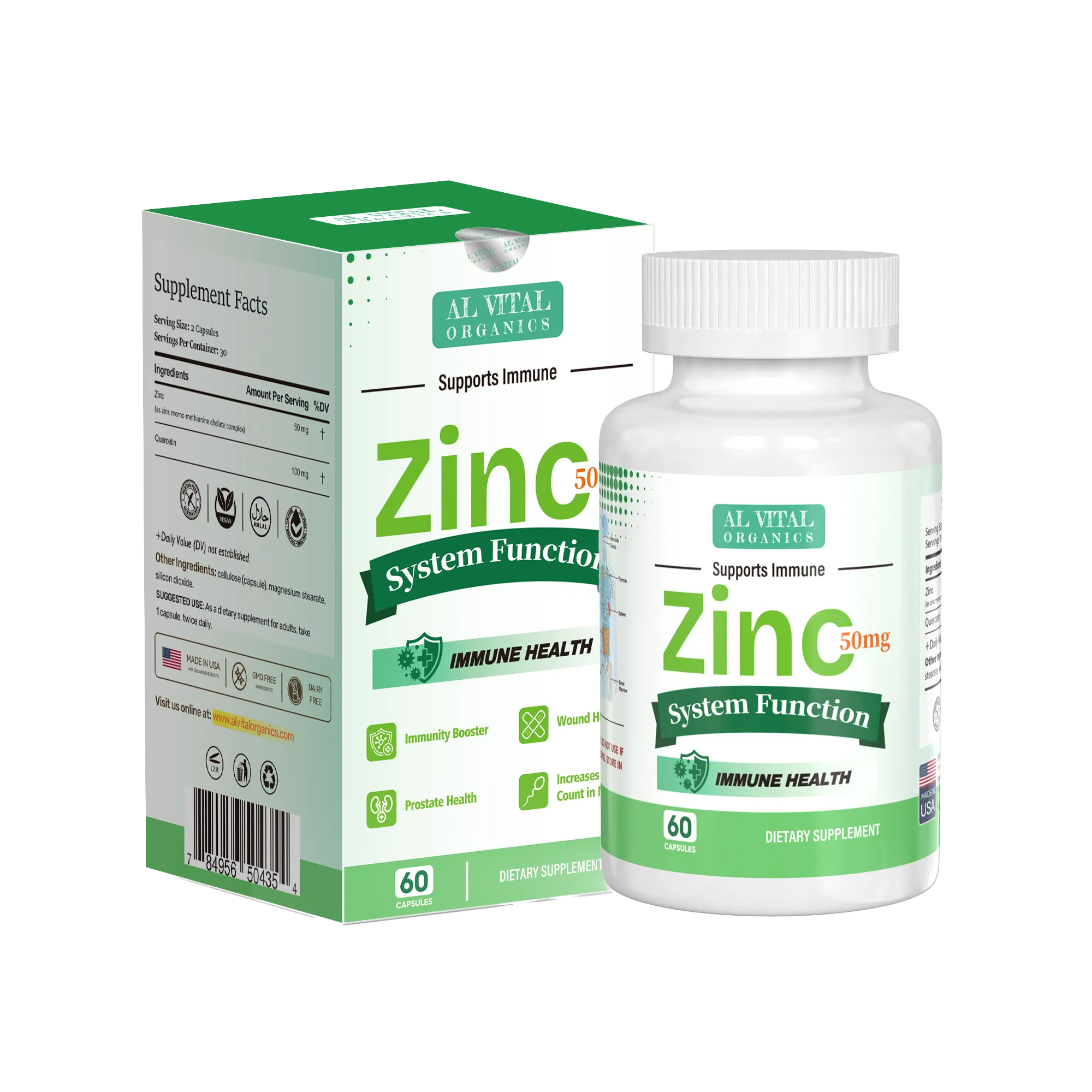Bottle and box of Al Vital Organics Zinc Complex Capsules