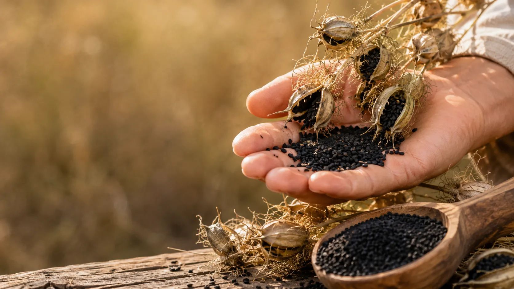 Hands holding black seed pods and seeds