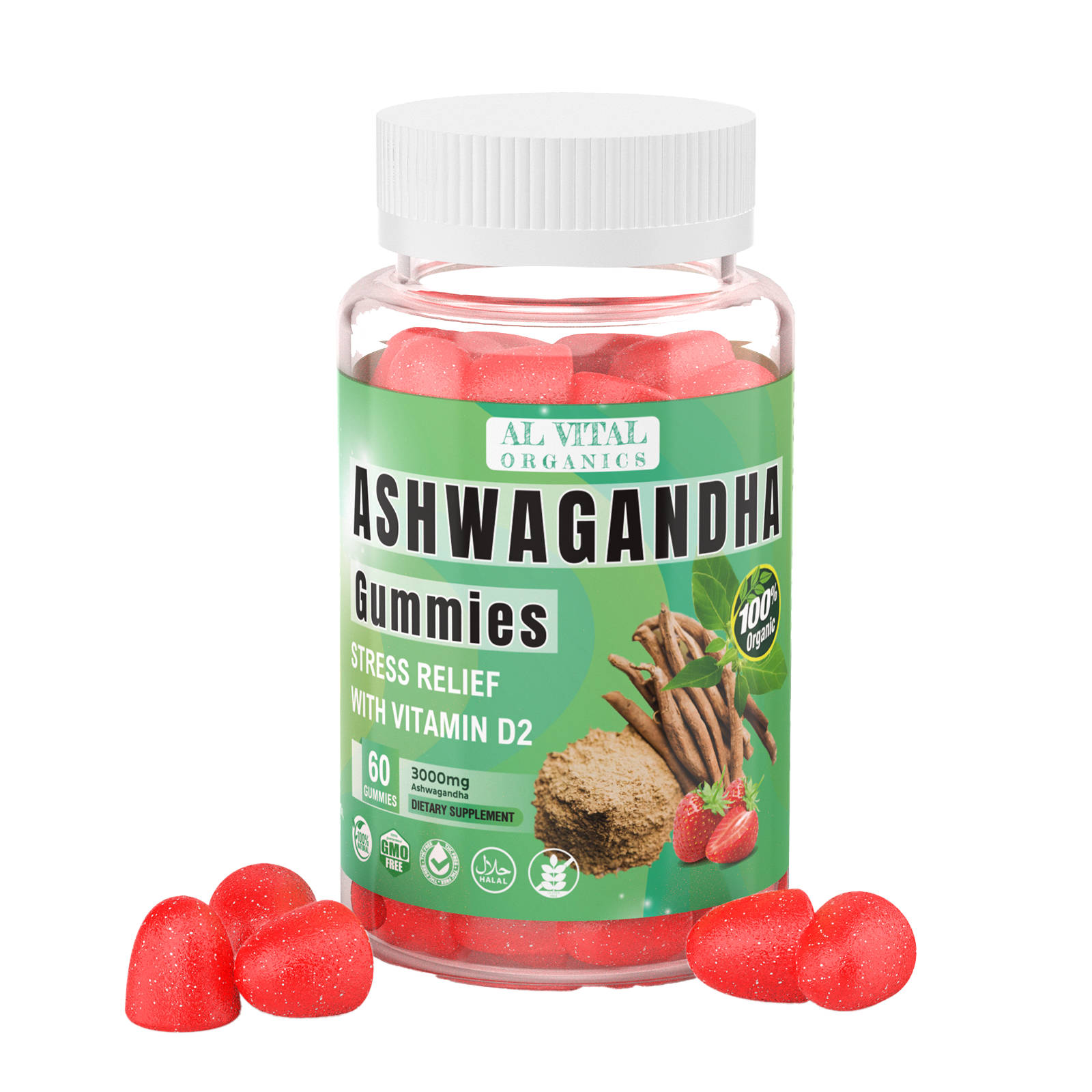 Al Vital Organics Ashwagandha gummies bottle, 60 gummies, for stress relief with vitamin D2.