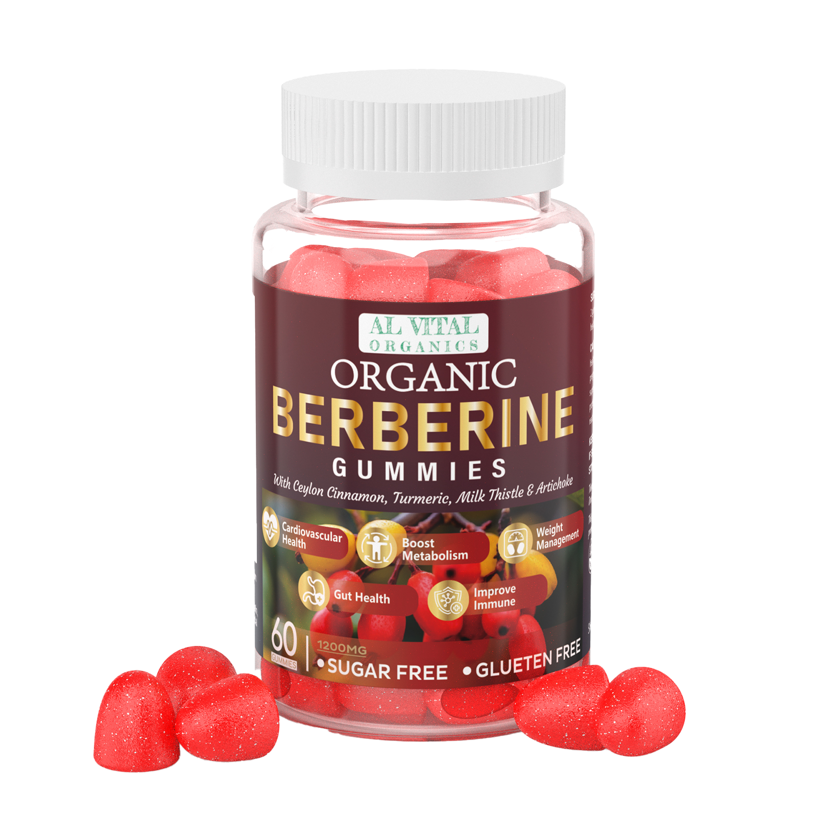 Al Vital Organics Organic Berberine gummies bottle, 60 gummies, 1200mg, sugar-free, promoting cardiovascular health, metabolism boost, gut health, and immune support