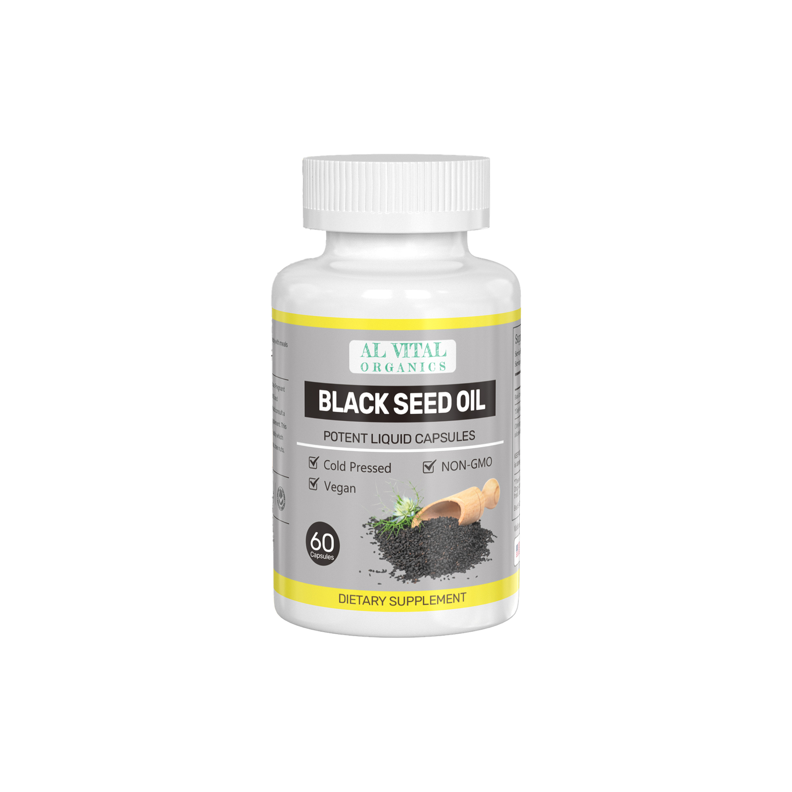 Al Vital Organics Black Seed Oil bottle, 60 capsules, cold pressed, non-GMO, and vegan.