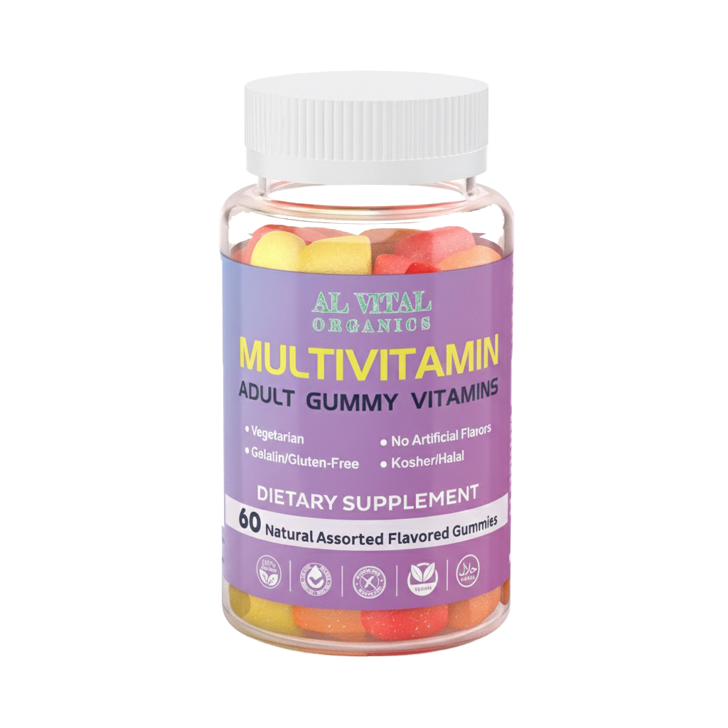 Al Vital Organics Multivitamin adult gummy vitamins bottle, 60 assorted flavored gummies, vegetarian, gluten-free, and no artificial flavors.