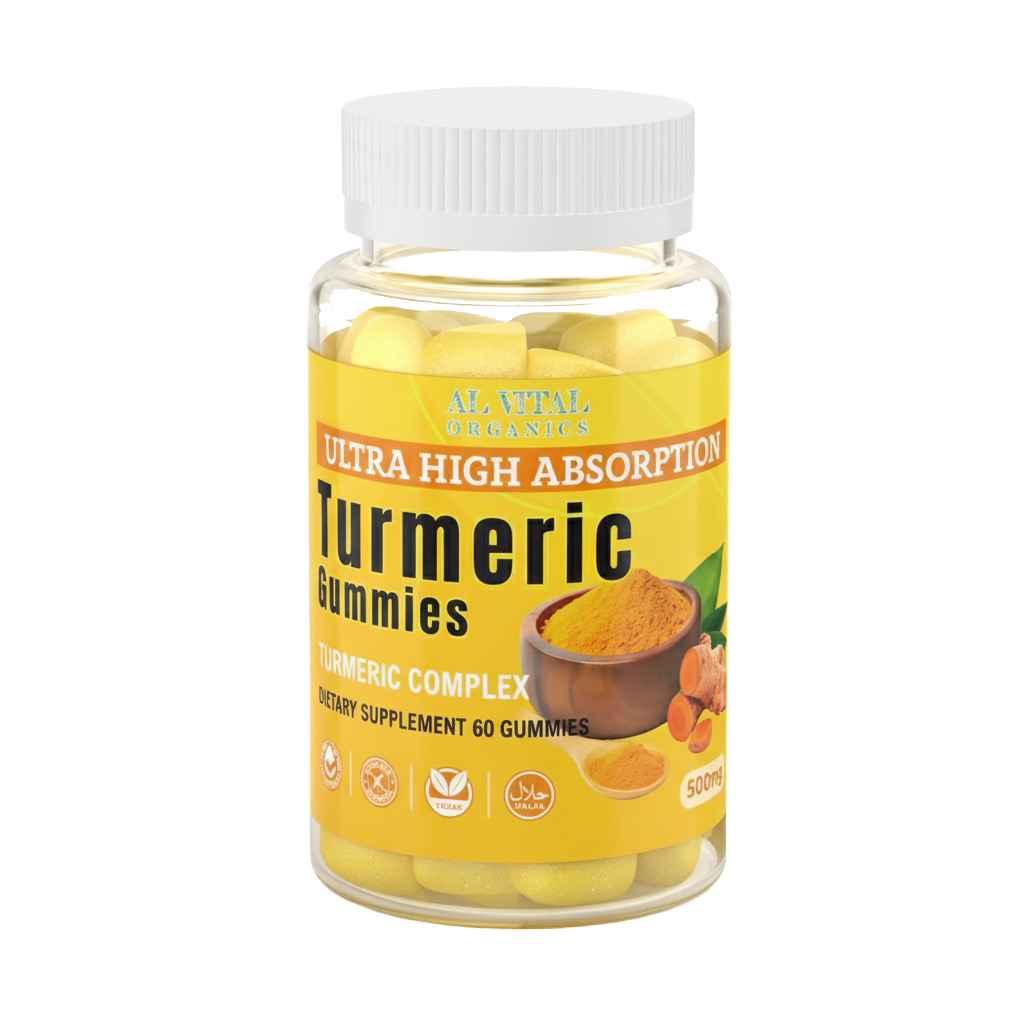Al Vital Organics Ultra High Absorption Turmeric gummies bottle, 60 gummies, 500mg turmeric complex