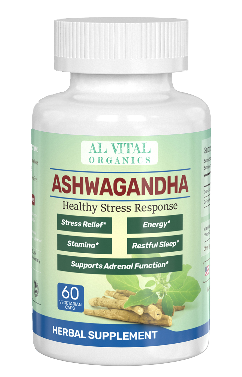 Al Vital Organics Ashwagandha bottle, 60 vegetarian capsules, promoting stress relief, energy, stamina, restful sleep, and adrenal function