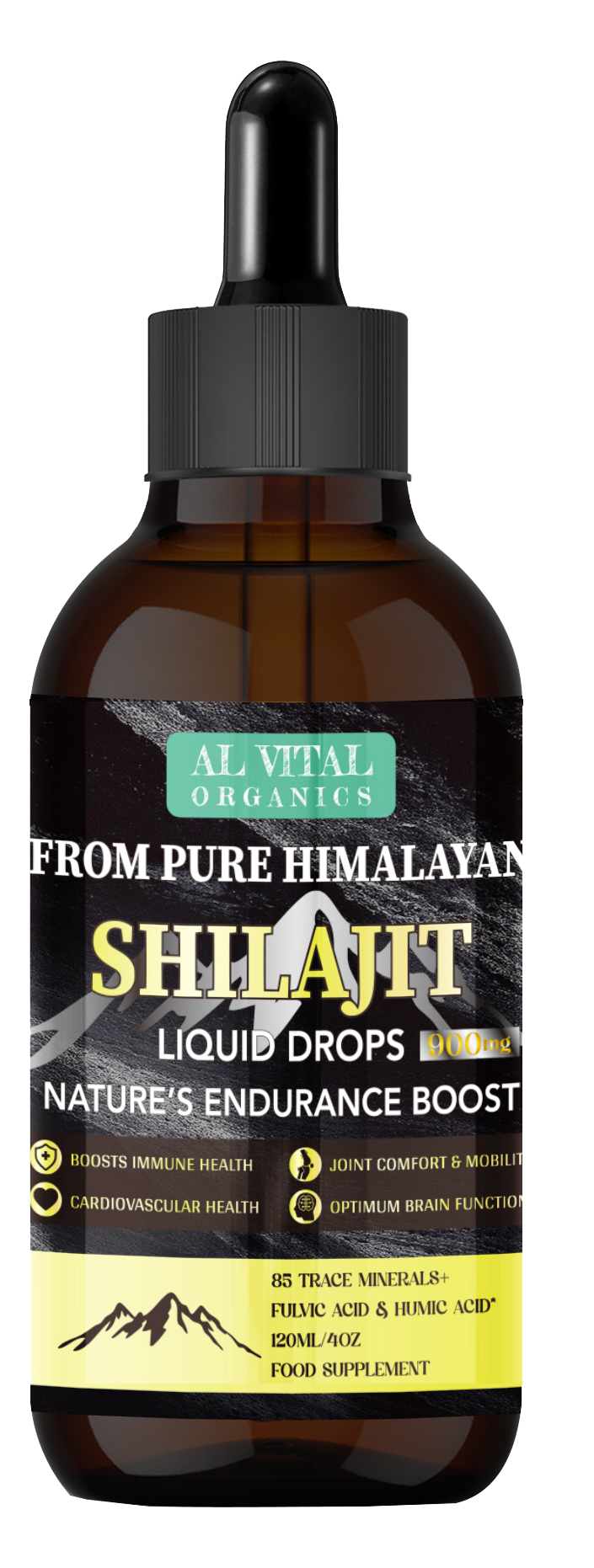 Al Vital Organics Shilajit liquid drops, 900mg, 120ml bottle, promoting immune health, joint comfort, cardiovascular health, and brain function