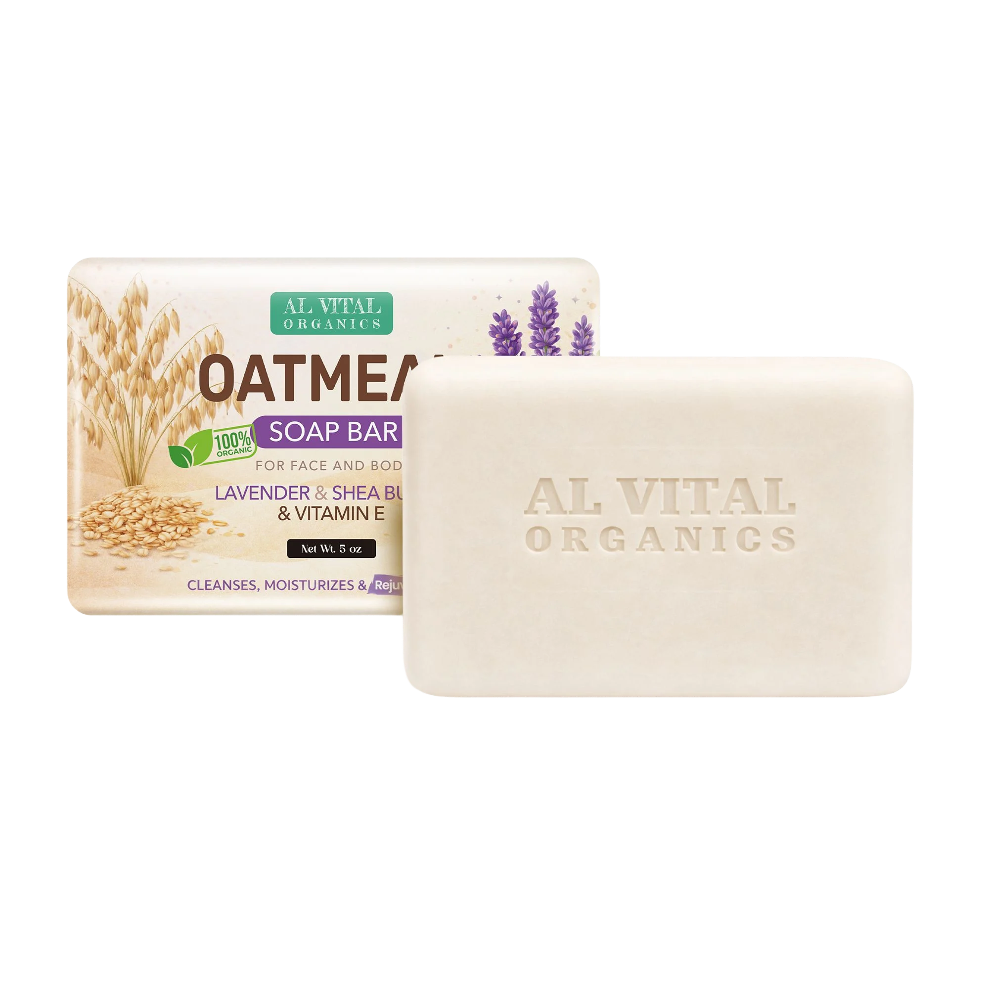 Al Vital Organics Oatmeal soap bar with packaging, lavender & shea butter, and vitamin E for face and body
